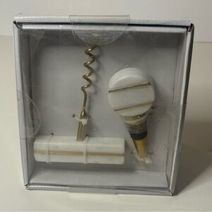 Wendy Bellissimo 2PC White/Gold Marble Bar Set Bottle Stopper & Corkscrew NEW